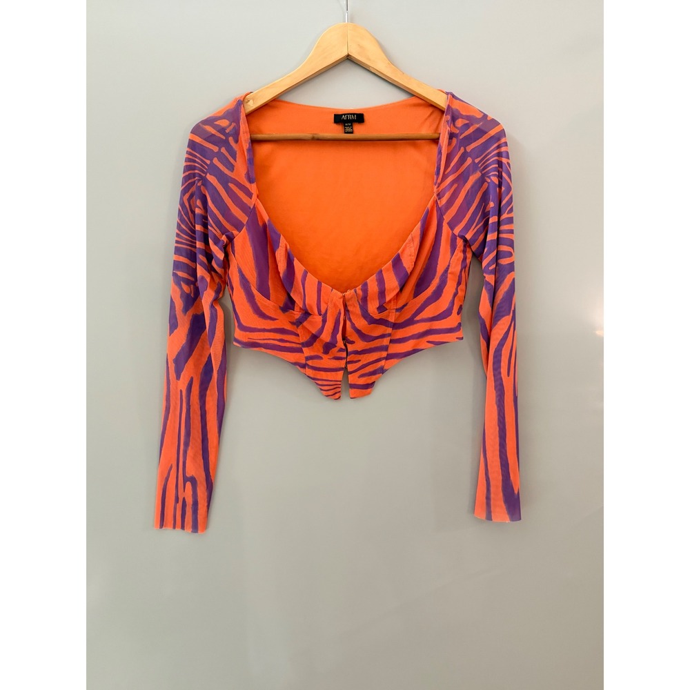 AFRM Orange Purple Zebra Mesh Long Sleeve Corset Crop Top Size Medium